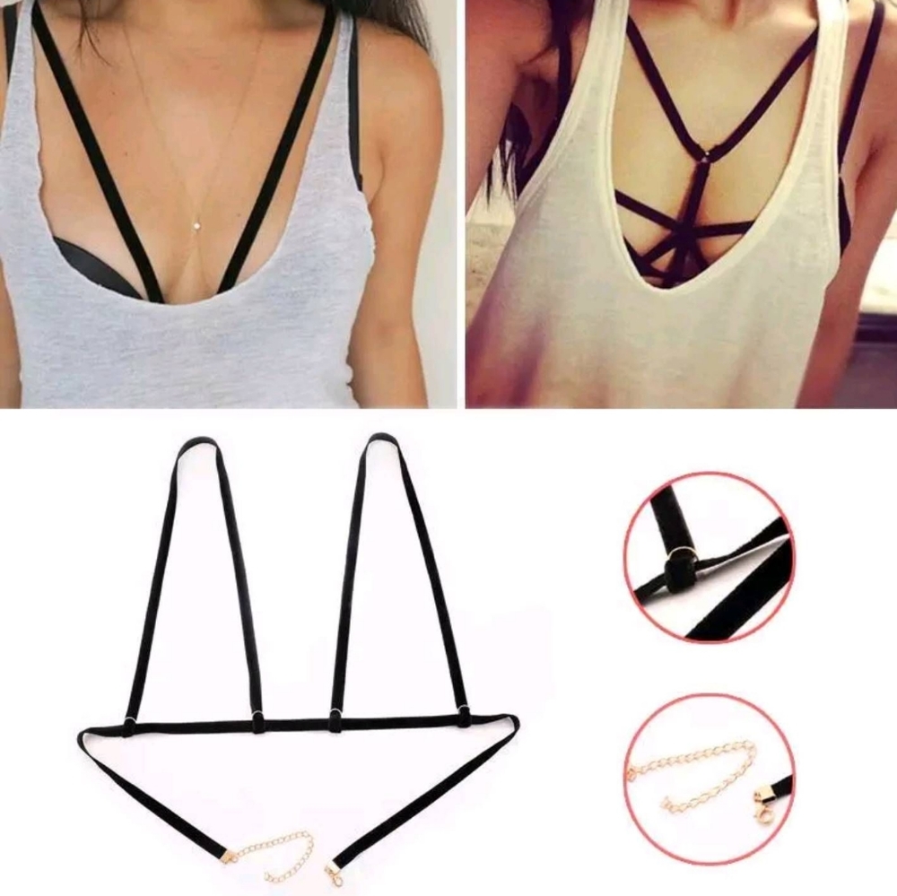 2/$30 NWOT Black Velvet Gold Detail Bra Chest Harness Sexy Club Lingerie